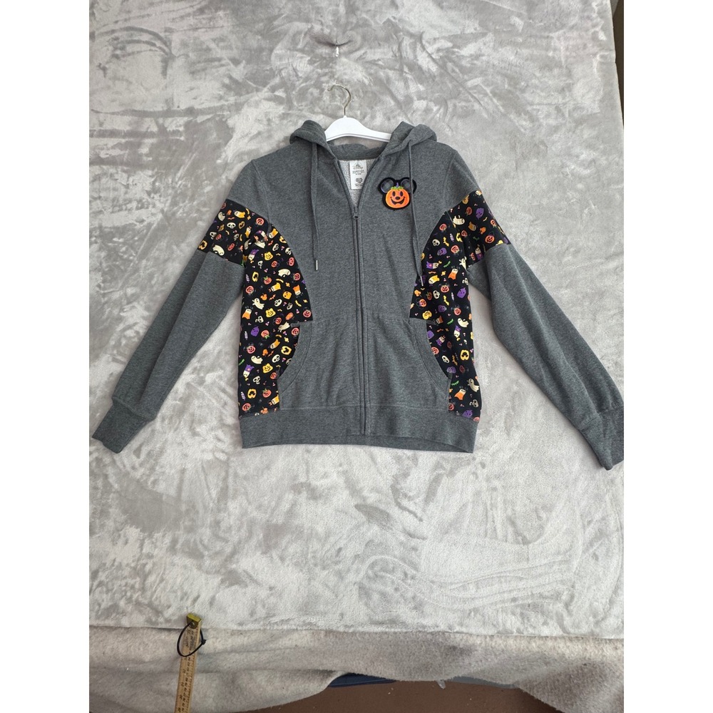 Disney Parks Mickey Mouse Halloween Zip Up Hoodie‎ Gray Women XS Pumpkin Ghost